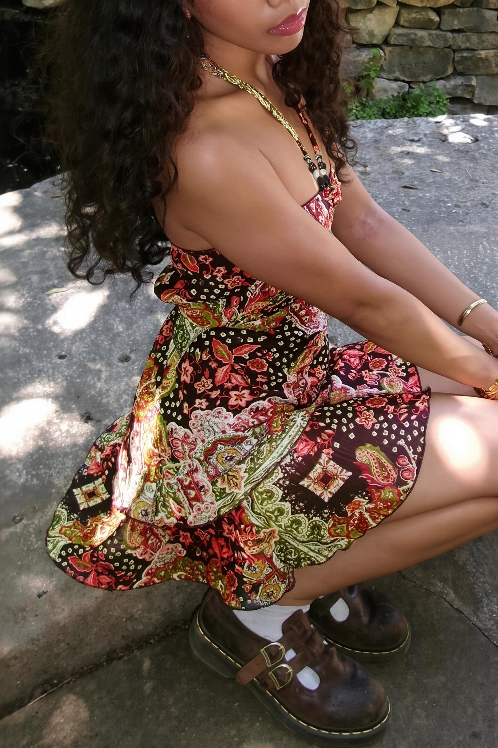 Retro Print Halter Wrap Mini Dress