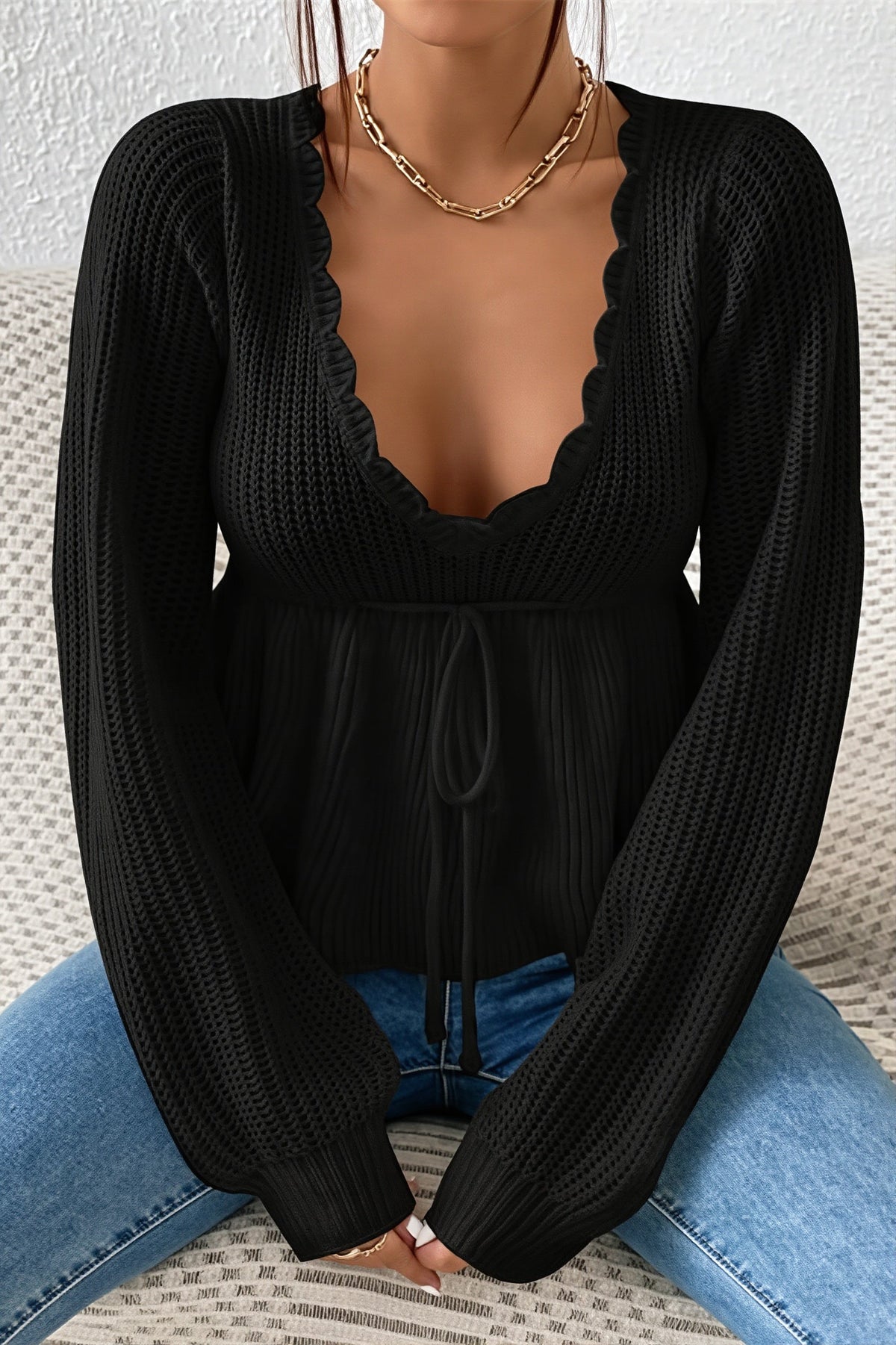 Scalloped V Neck Drawstring Peplum Sweater