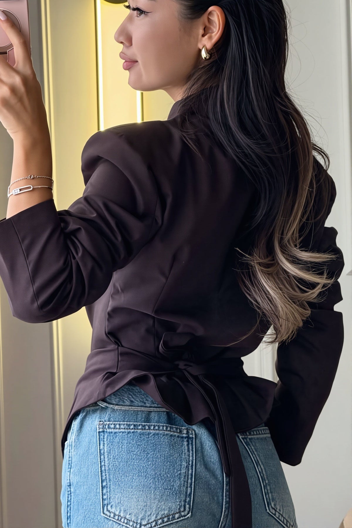 Deep V Tie Back Pointed Hem Blazer