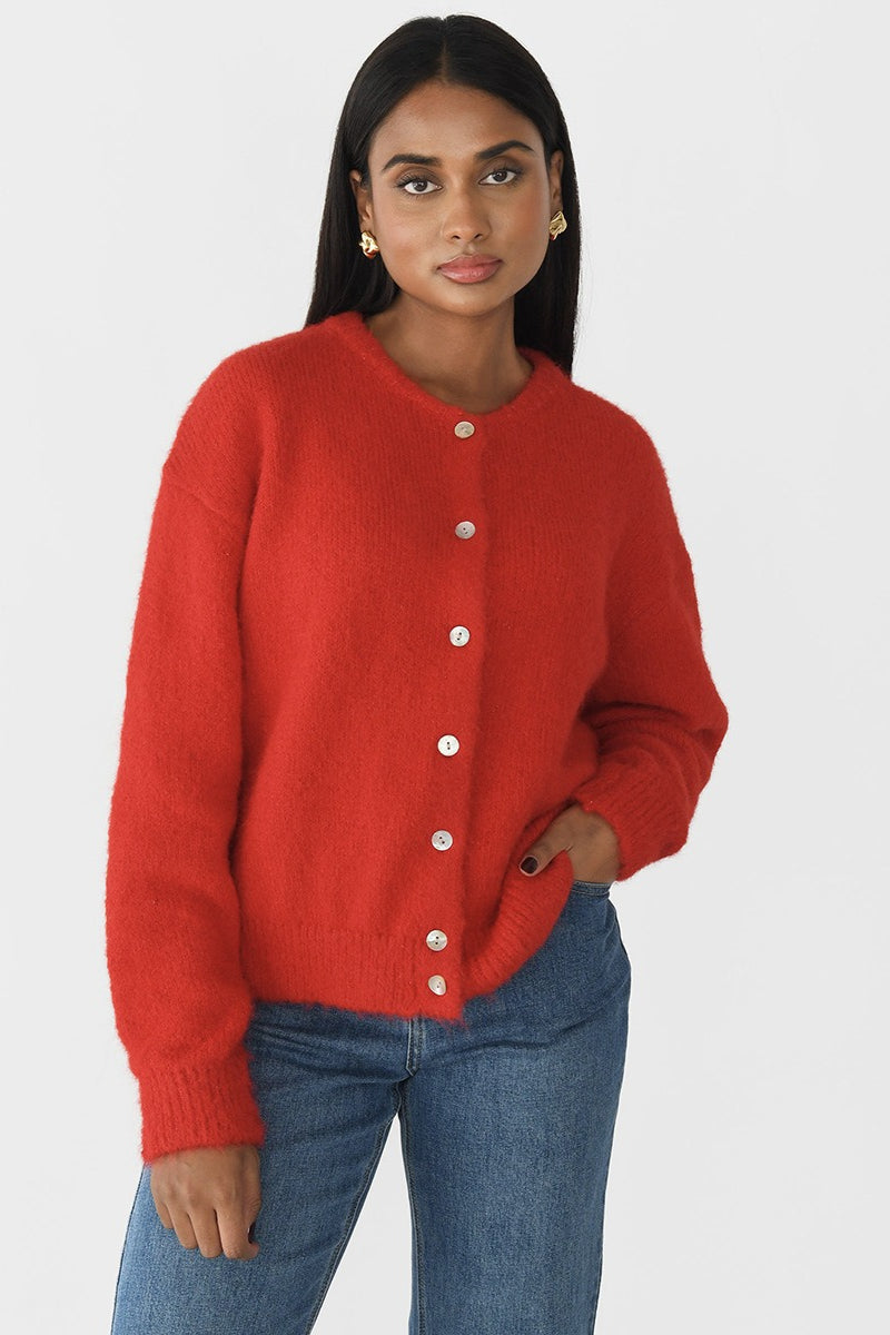 Textured Crew Neck Button Up Knit Cardigan