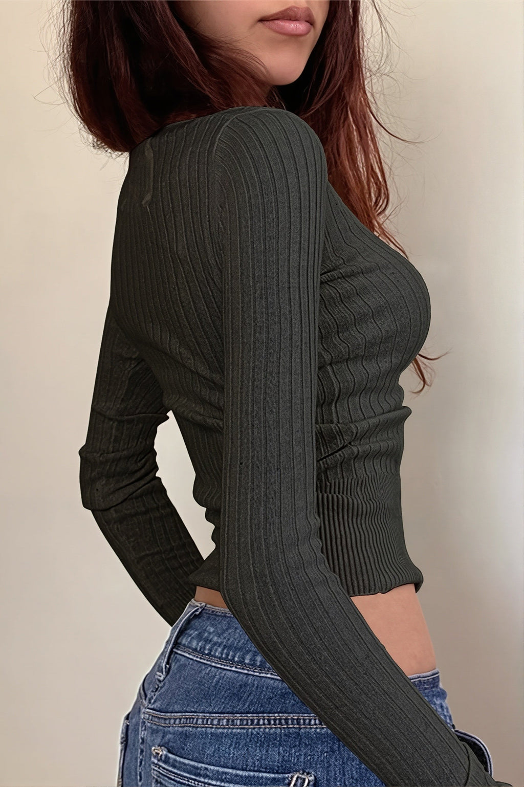 Button Placket Scoop Neck Fit Sweater