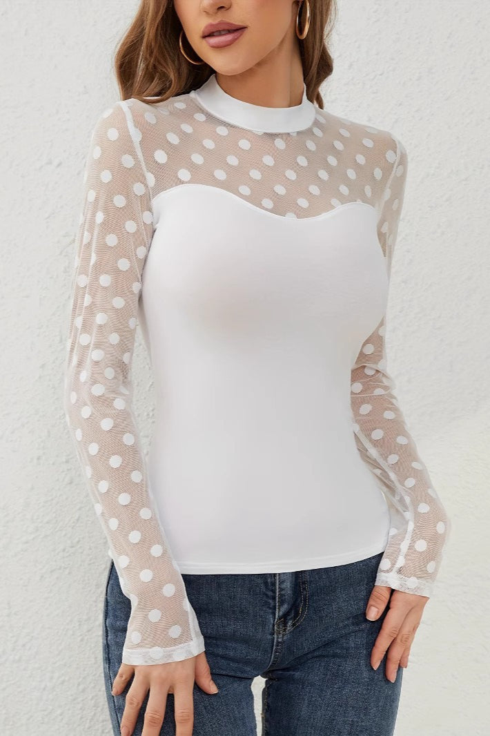 Polka Dot Mesh Yoke Long Sleeve Top