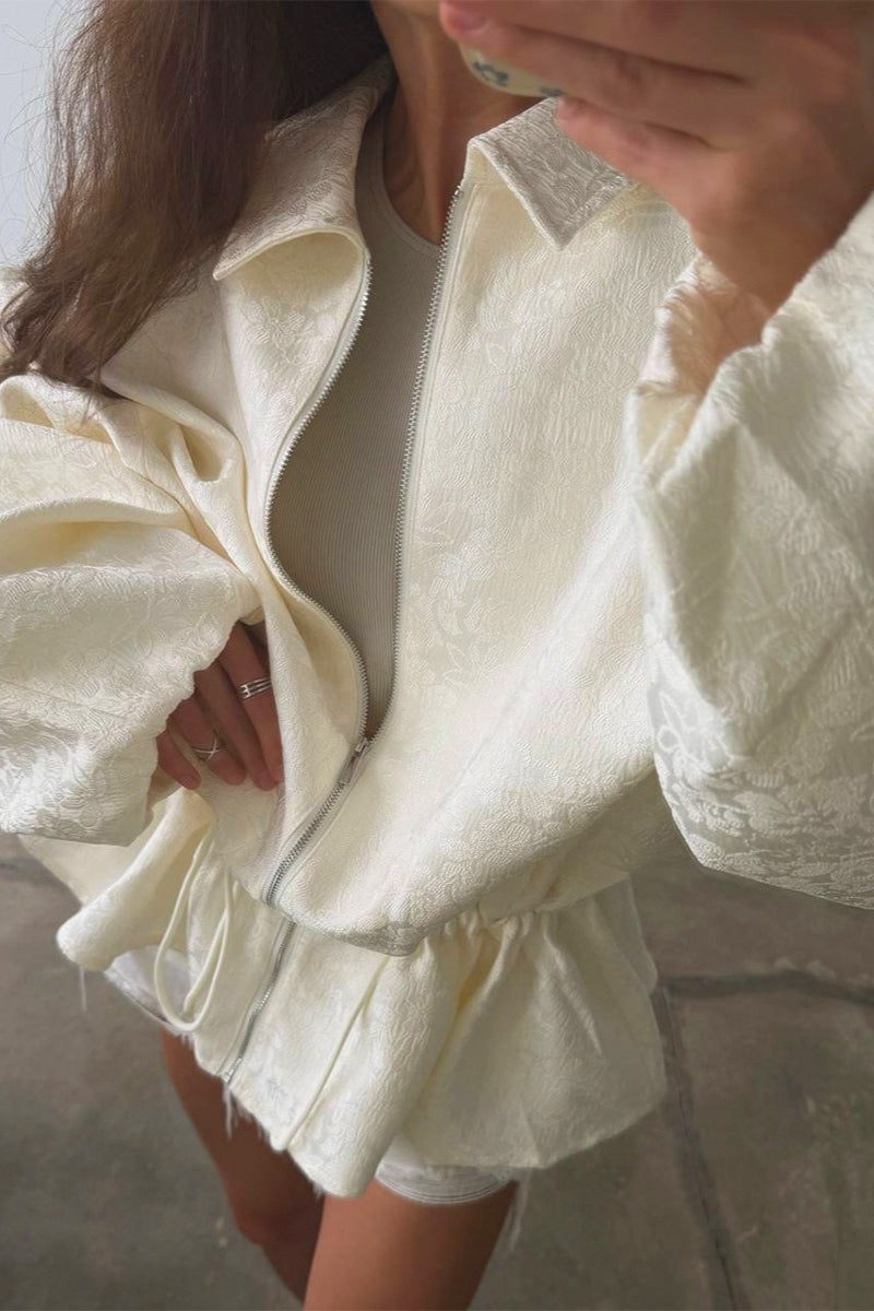 Jacquard Peplum Drawstring Zip Jacket