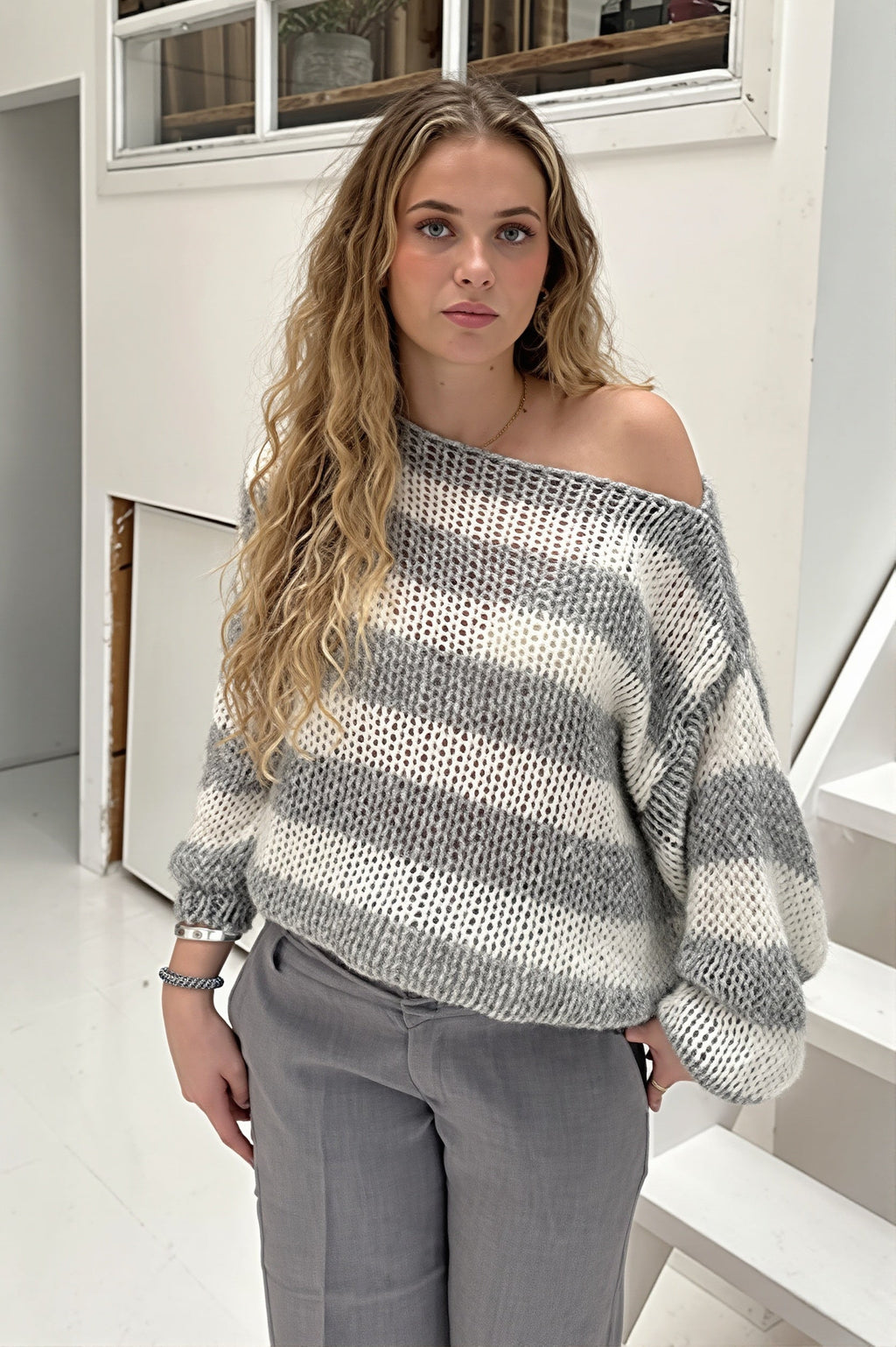 Wide Stripe Crew Neck Relaxed Sweater
