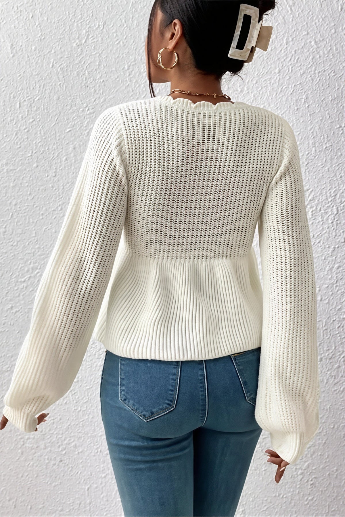 Scalloped V Neck Drawstring Peplum Sweater