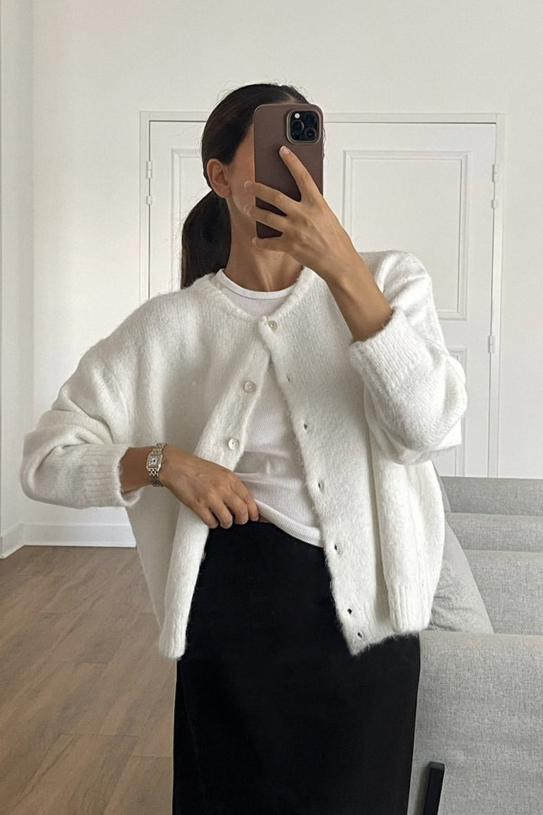 Textured Crew Neck Button Up Knit Cardigan