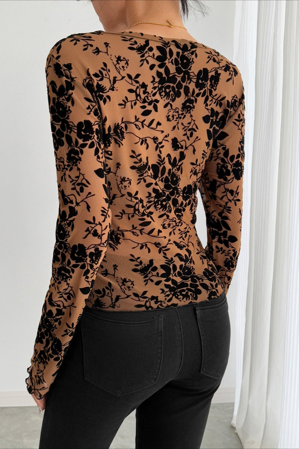 Deep V Floral Lace Bell Sleeve Top