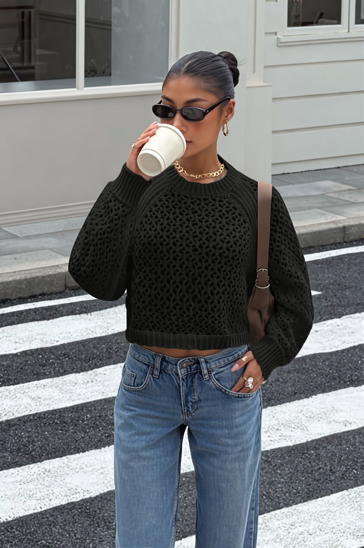 Open Back Tie Detail Crochet Sweater