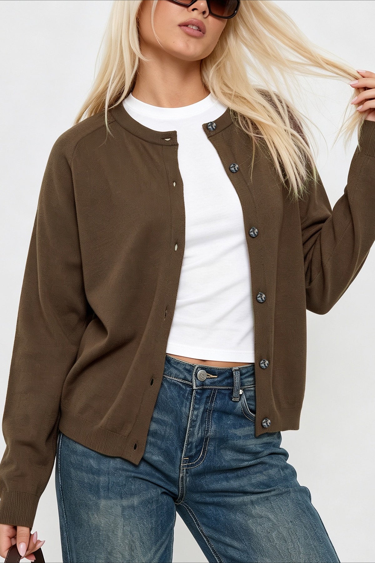 Fine Knit Crew Neck Button Cardigans