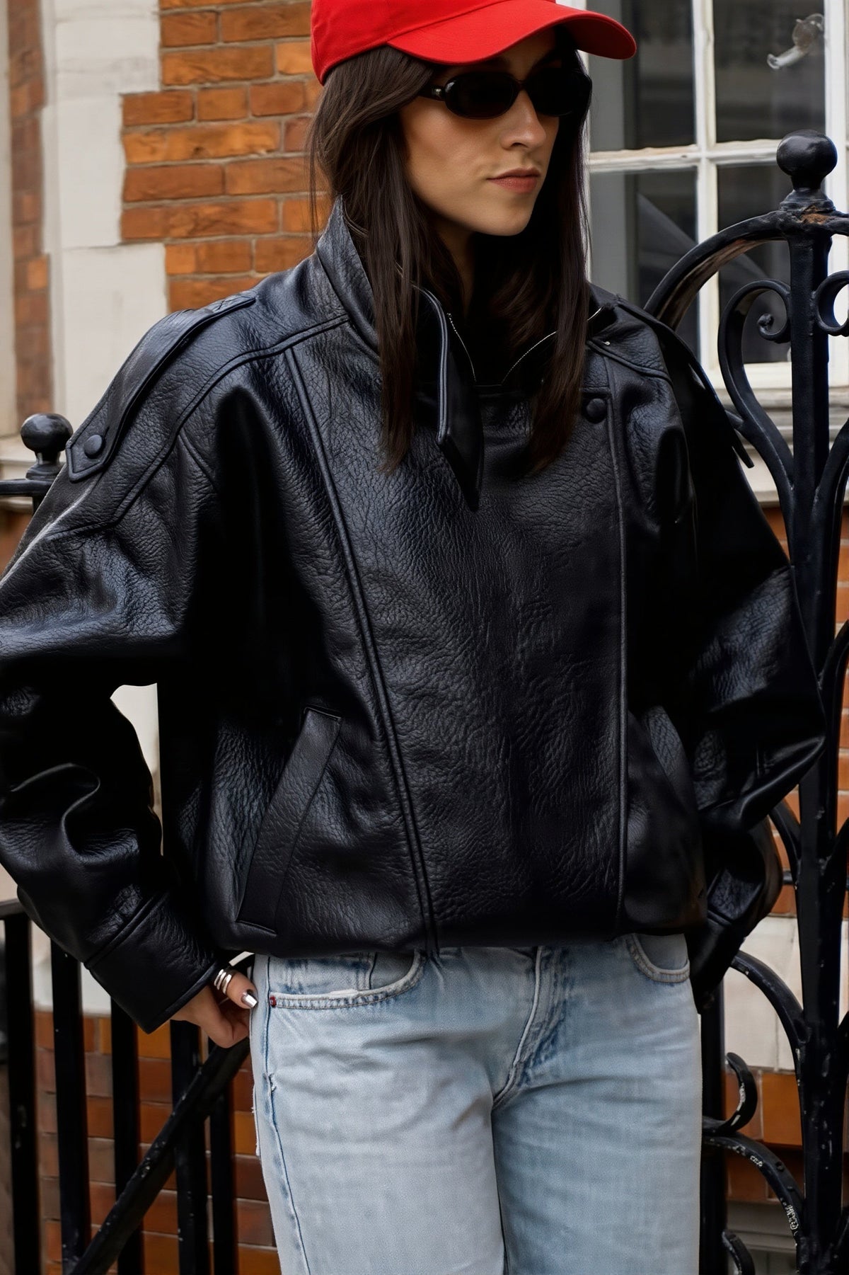 High Collar Epaulet Faux Leather Jacket