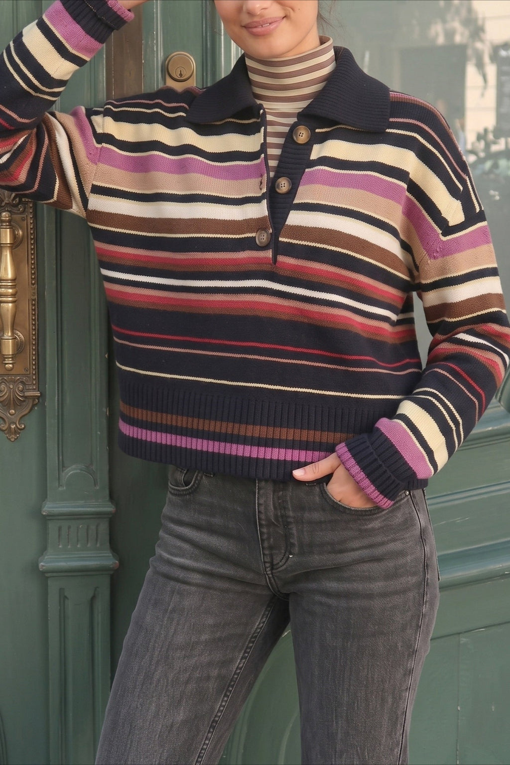 Multicolor Stripe Polo Collar Sweater