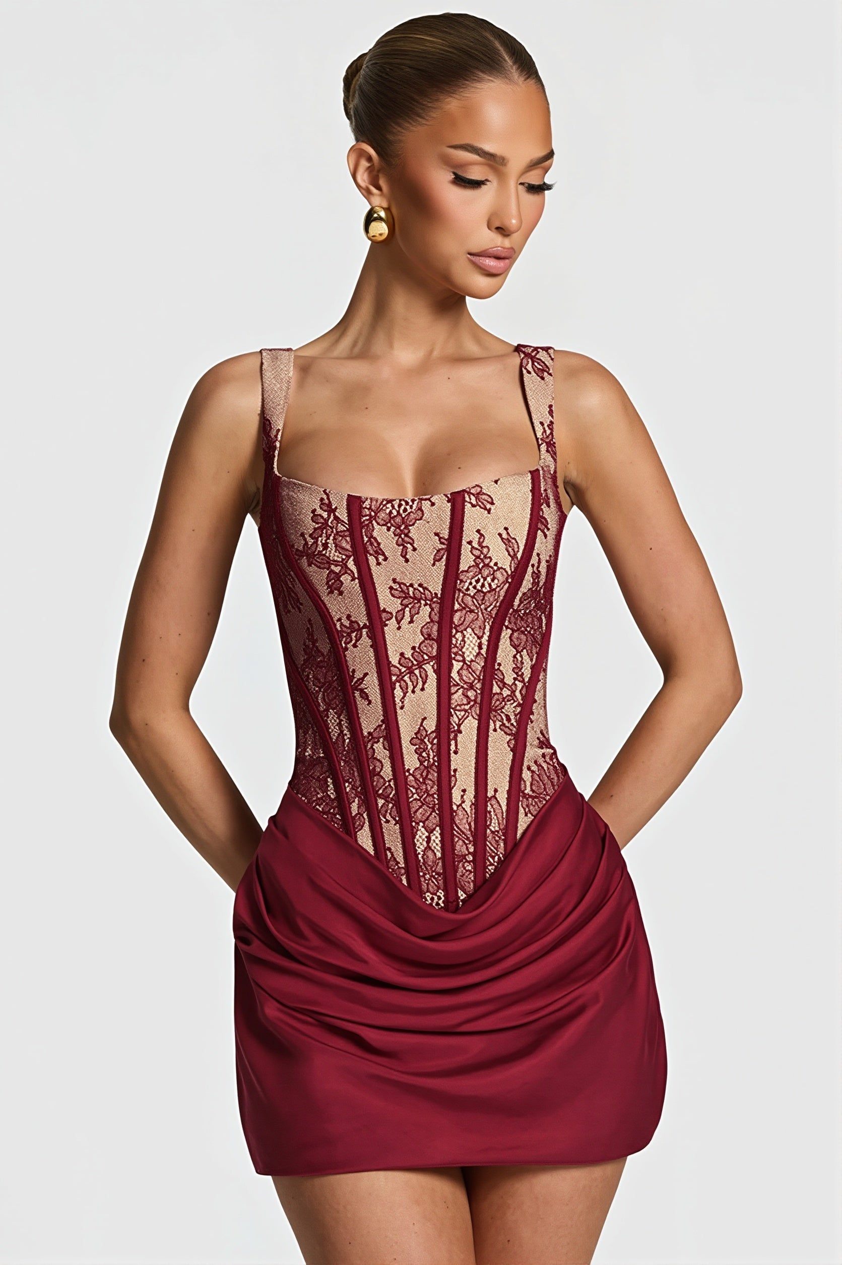 Elegant Lace Fishbone Ruched Mini Dress
