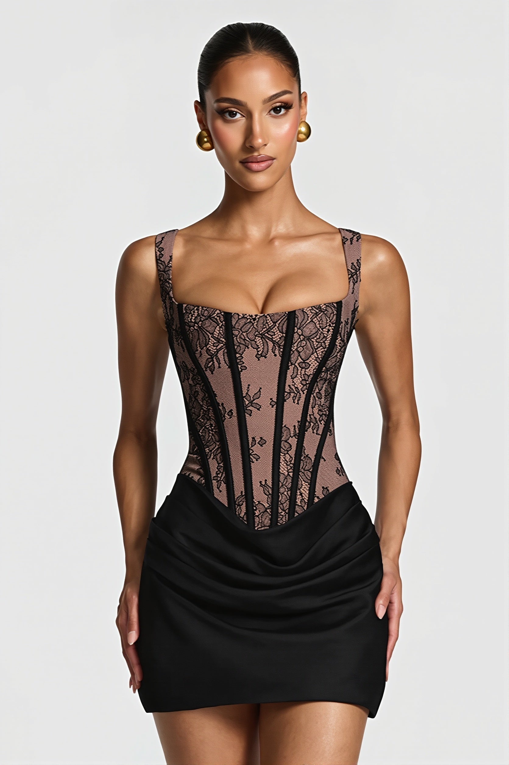 Elegant Lace Fishbone Ruched Mini Dress
