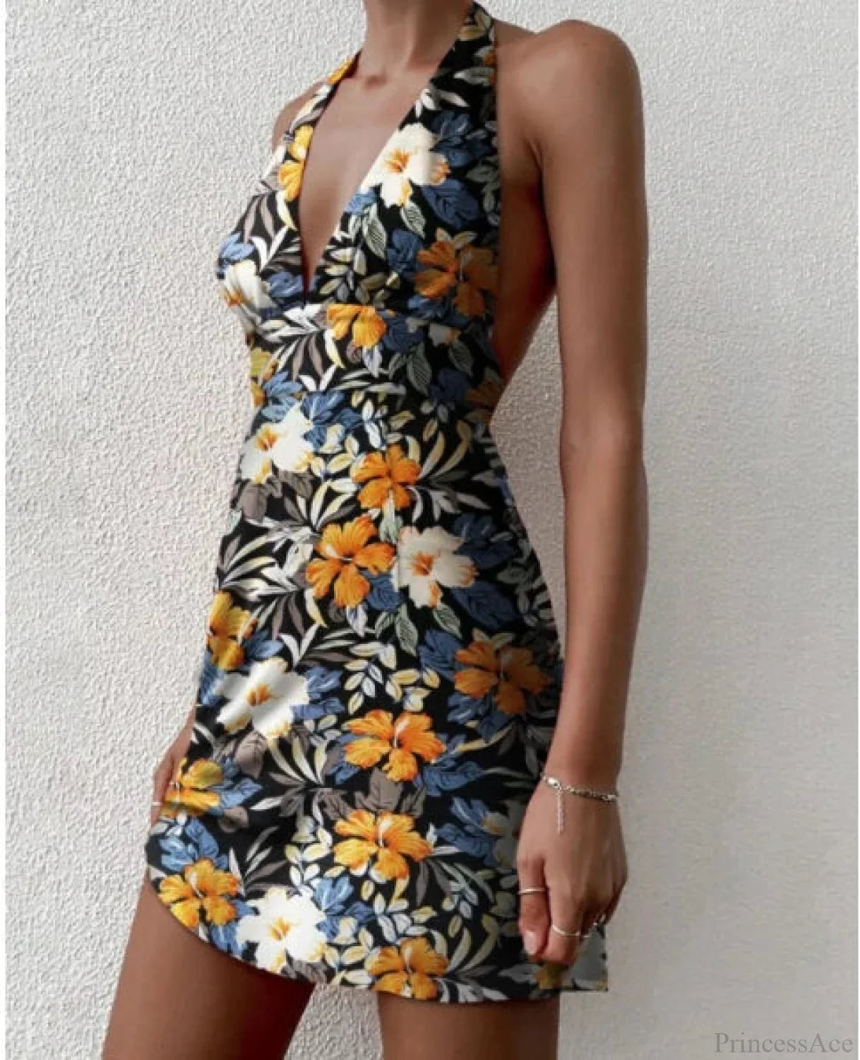 Deep V-Neck Floral Mini Dress