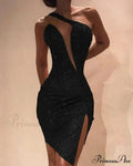Deep V-Neck Sequined Backless Slit Mini Dress