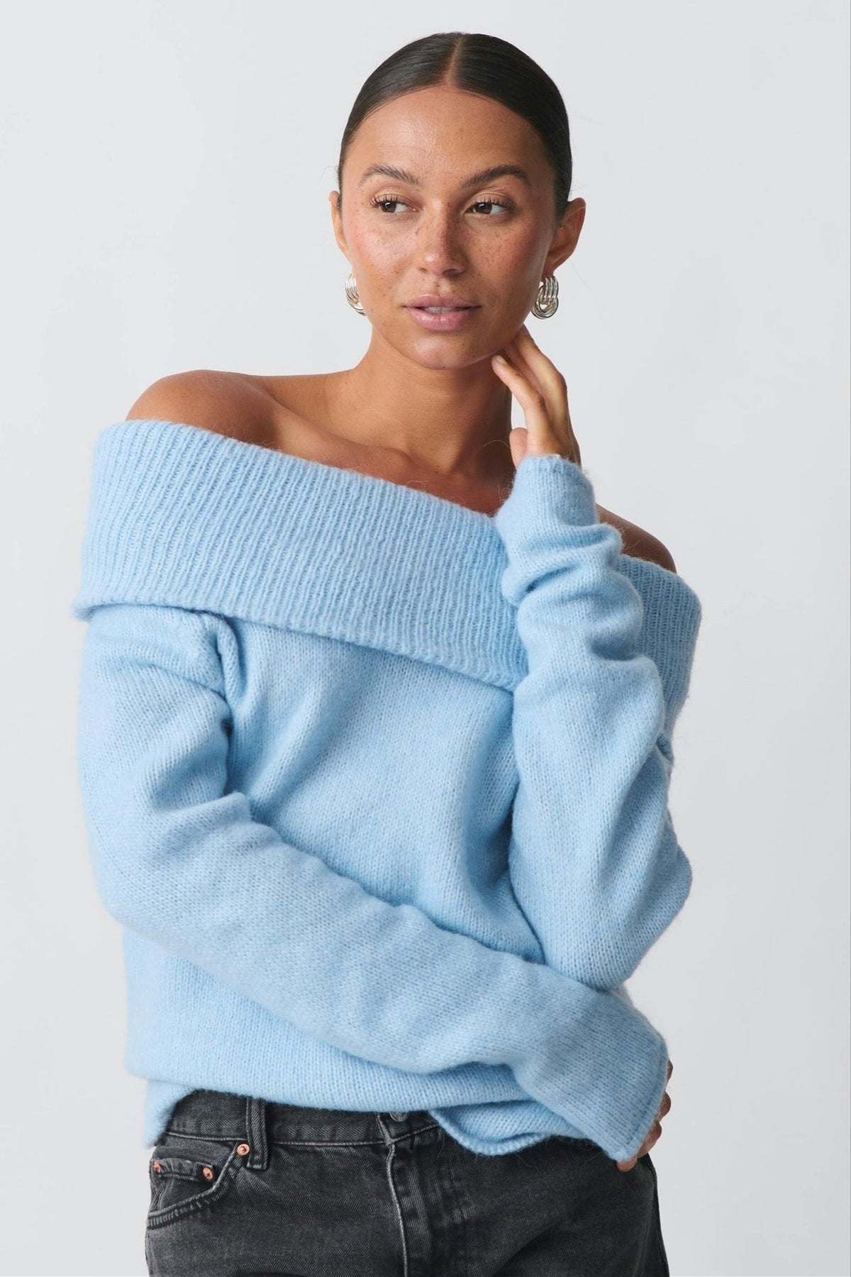 Foldover Collar Off Shoulder Fitted Sweater
