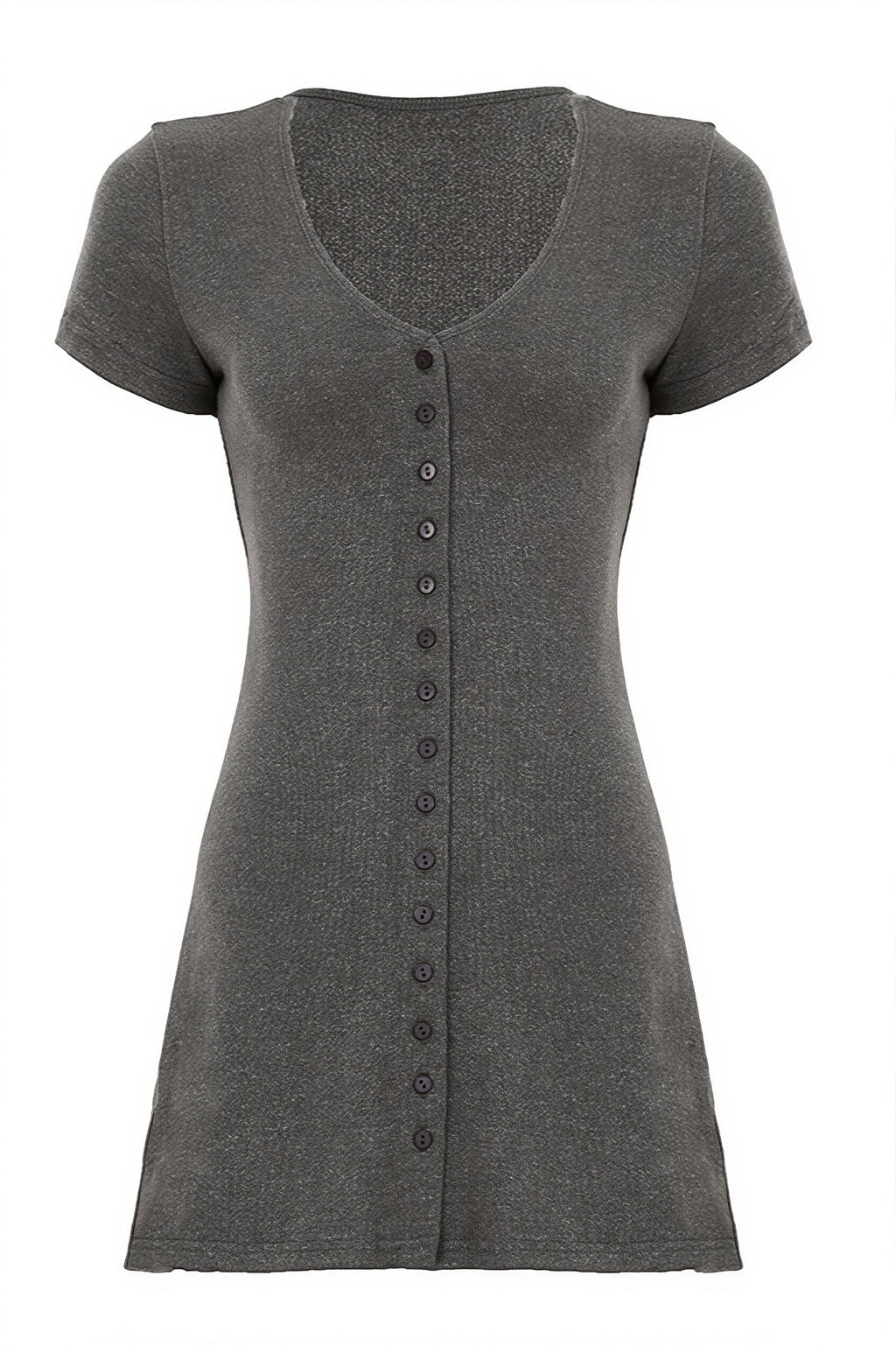 Solid Button Knit V Neck Slim Mini Dress