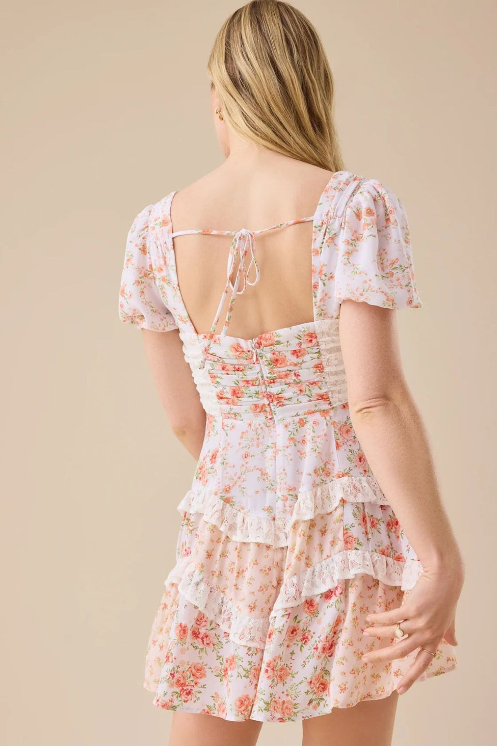Floral Lace Patchwork V Neck Puff Short Sleeve Mini Dress