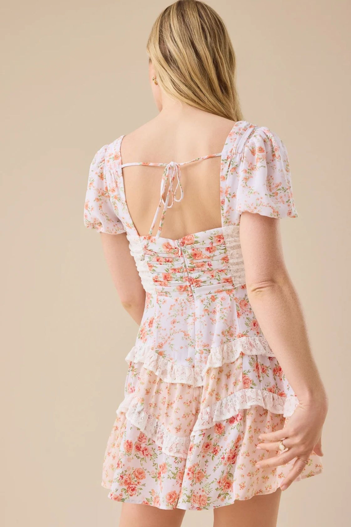 Floral Lace Patchwork V Neck Puff Short Sleeve Mini Dress