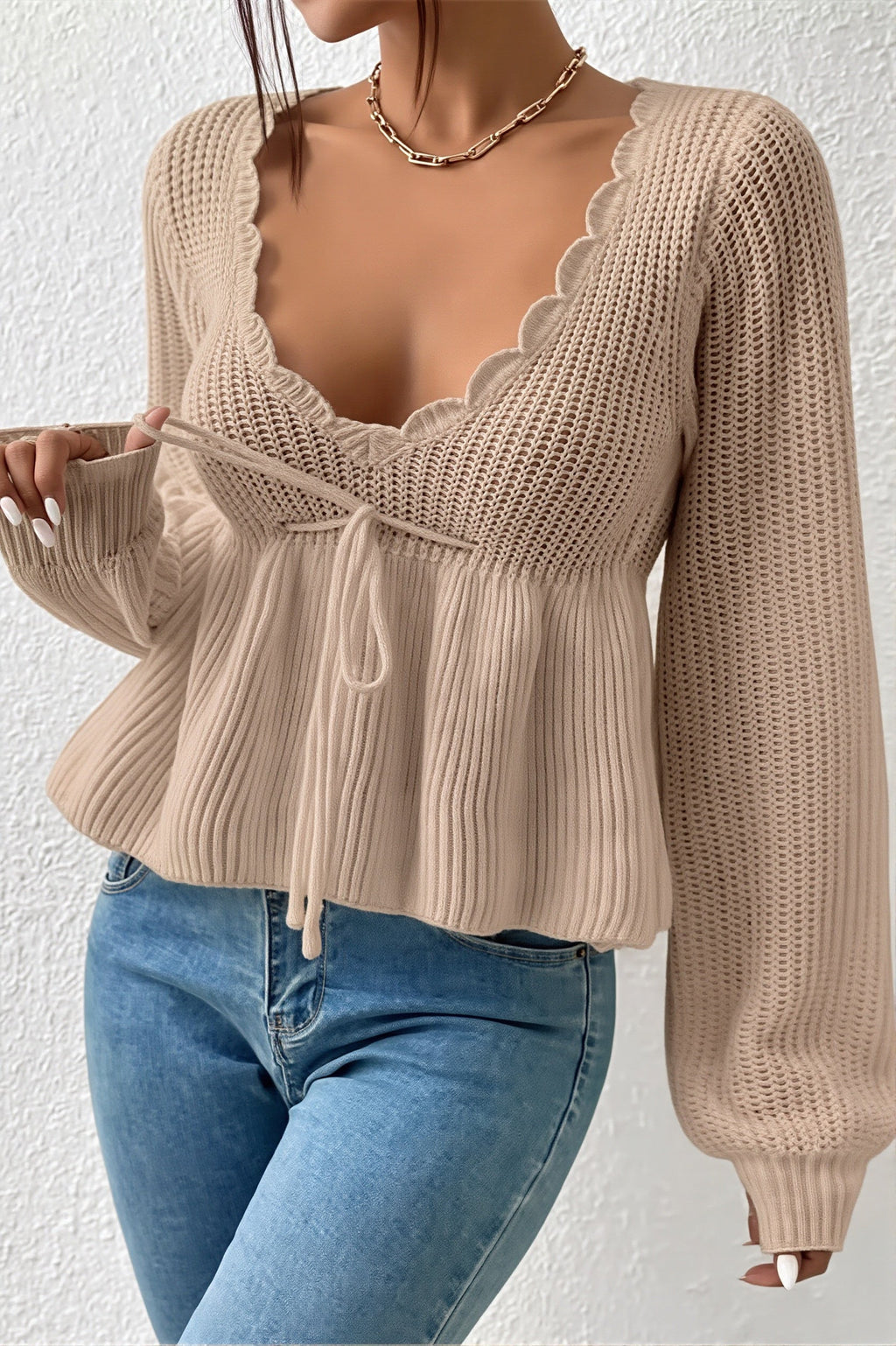 Scalloped V Neck Drawstring Peplum Sweater