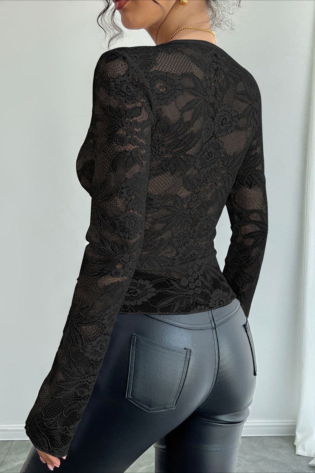 Deep V Floral Lace Bell Sleeve Blouse