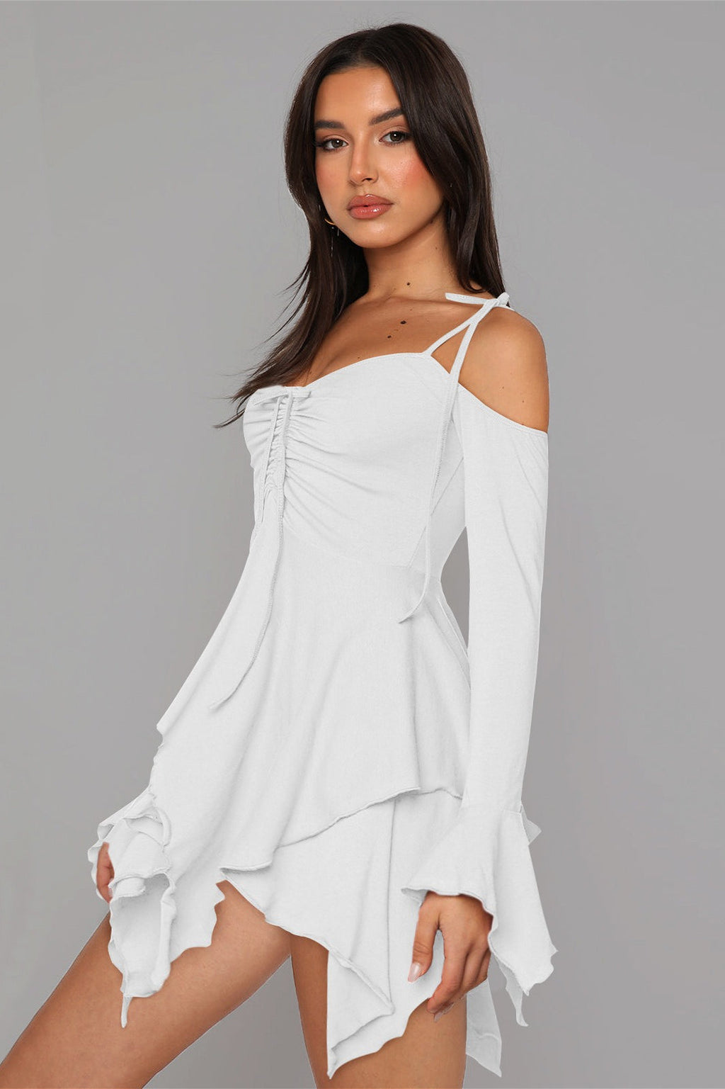 Asym Tie Front Long Sleeve Mini Dress