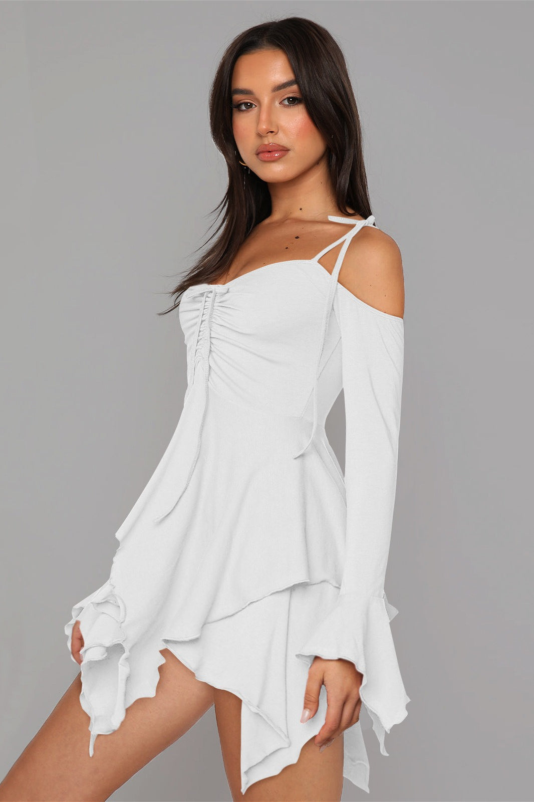 Asym Tie Front Long Sleeve Mini Dress