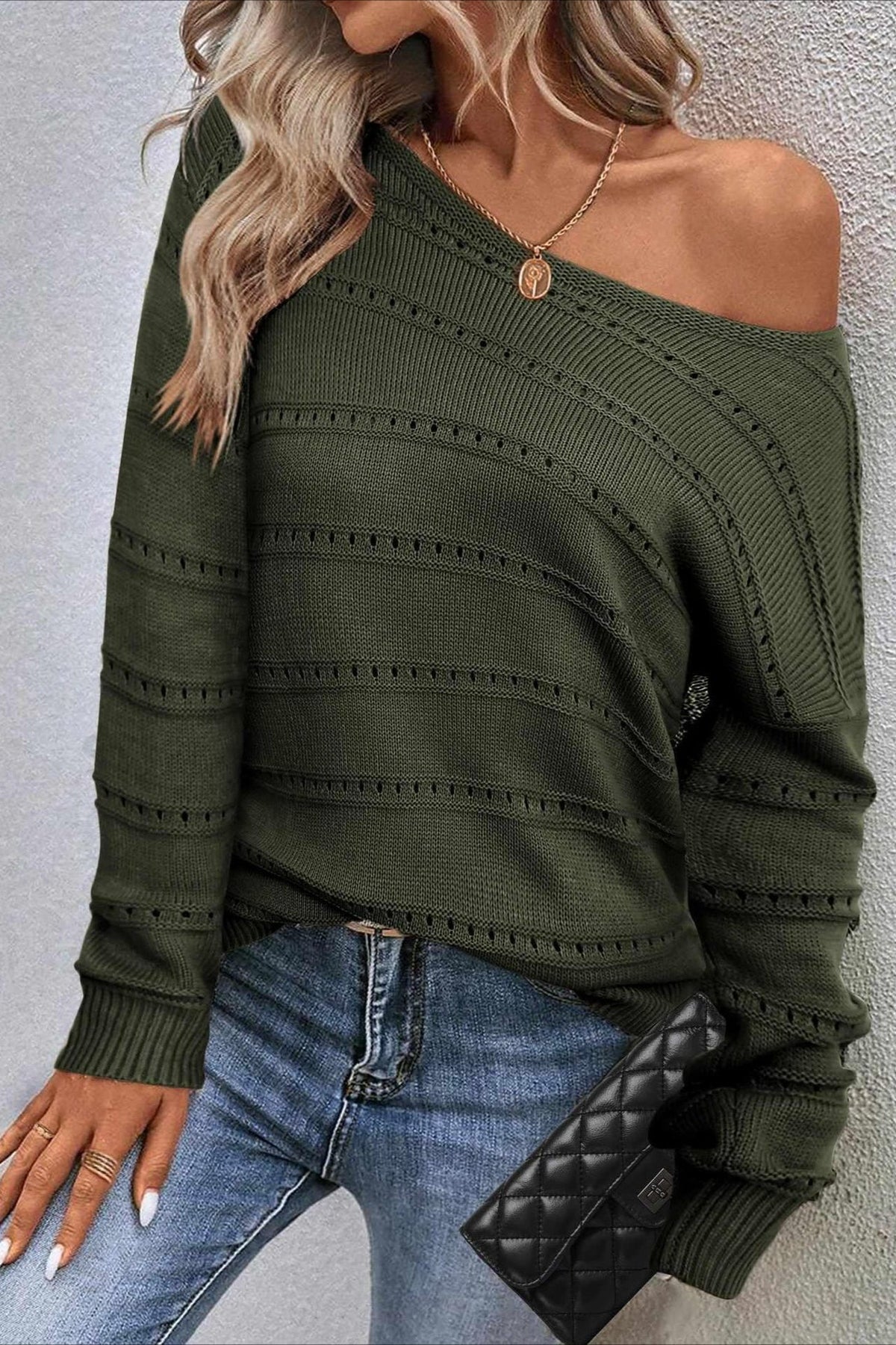 Openwork Boat Neck Relaxed Sweater