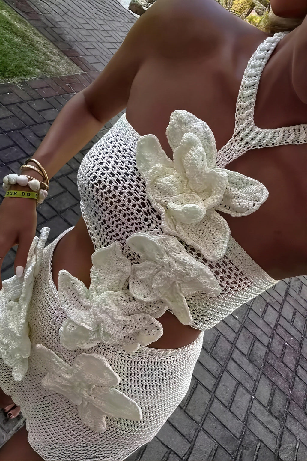 Floral Crochet Cutout Halter Mini Dress