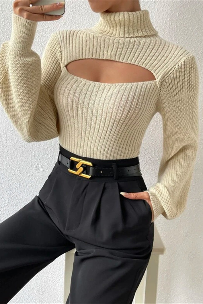 Cutout Turtleneck Balloon Sleeve Knit Sweater