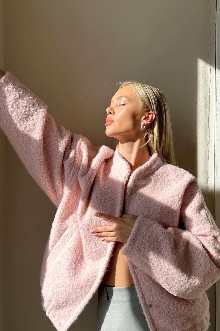 Fuzzy Stand Collar Cropped Bomber Jacket