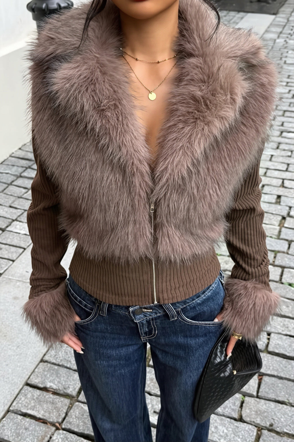 Faux Fur Trim Ribbed Zip Jacket