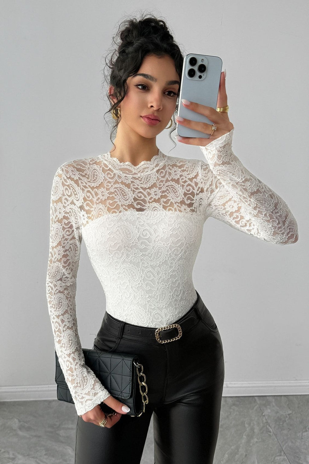Lace Yoke Zip Back Fitted Top