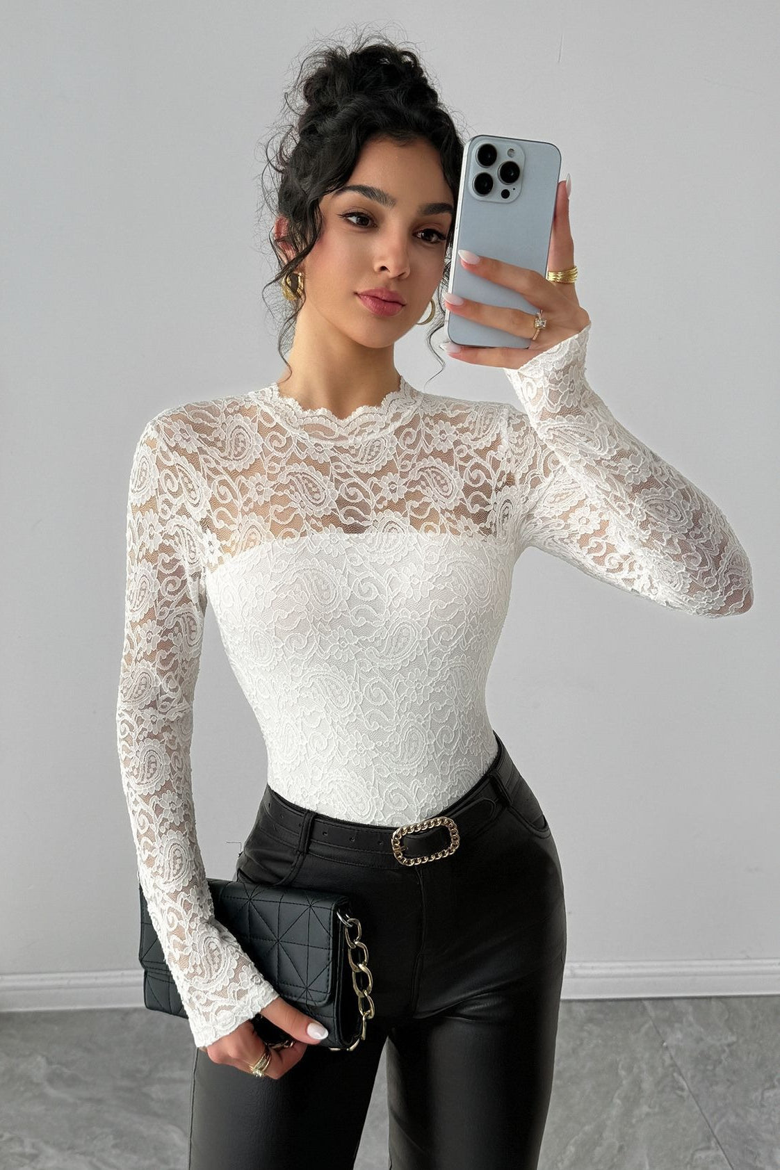 Lace Yoke Zip Back Fitted Top