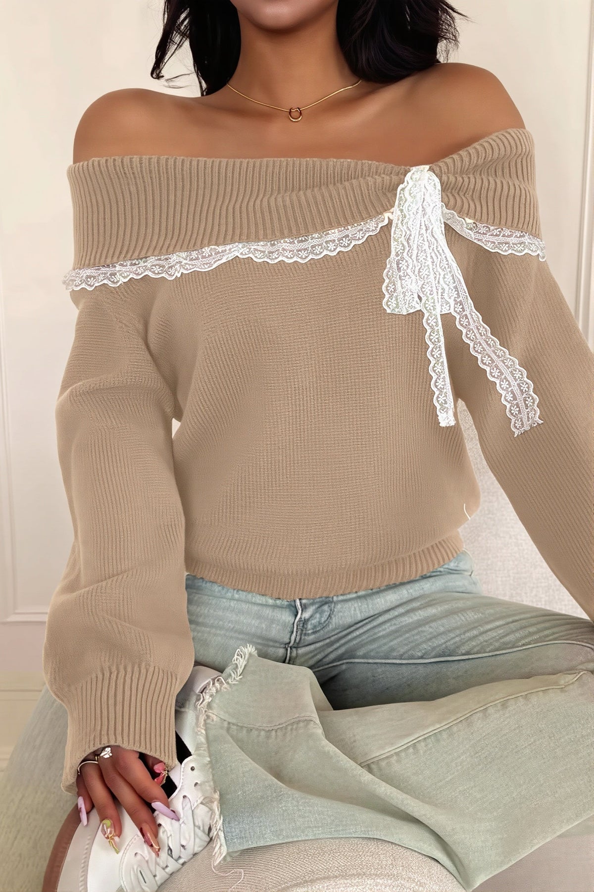 Contrast Lace Bow Off Shoulder Sweater