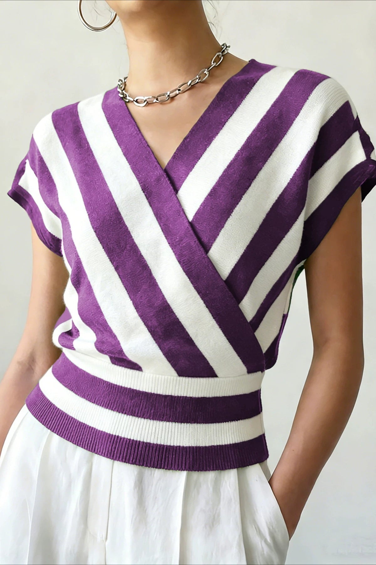 Striped Wrap Waist Short Sleeve Cardigans