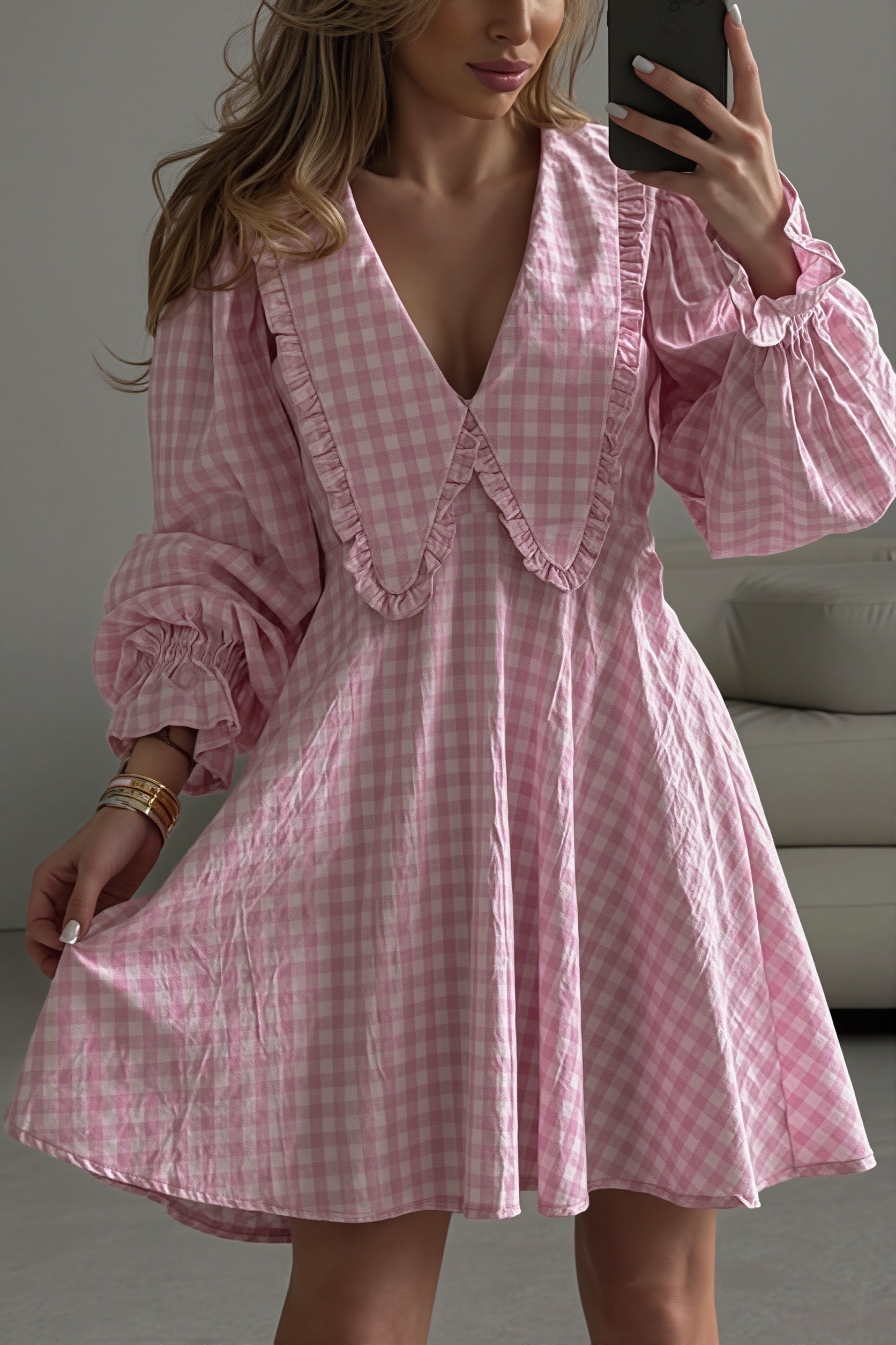 Plaid Bow Collar Ruffle Sleeve Mini Dress