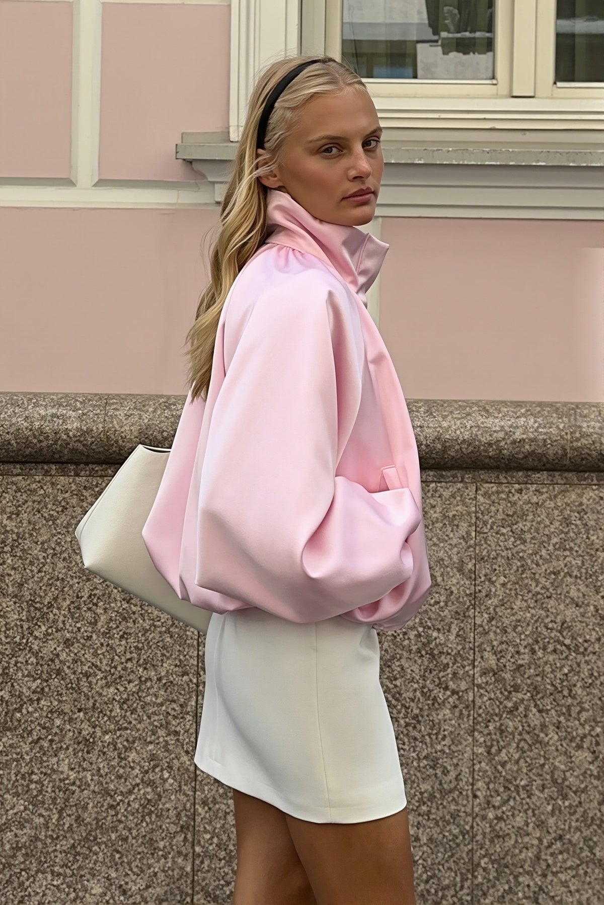 Satin Funnel Neck Balloon Sleeve Jacket