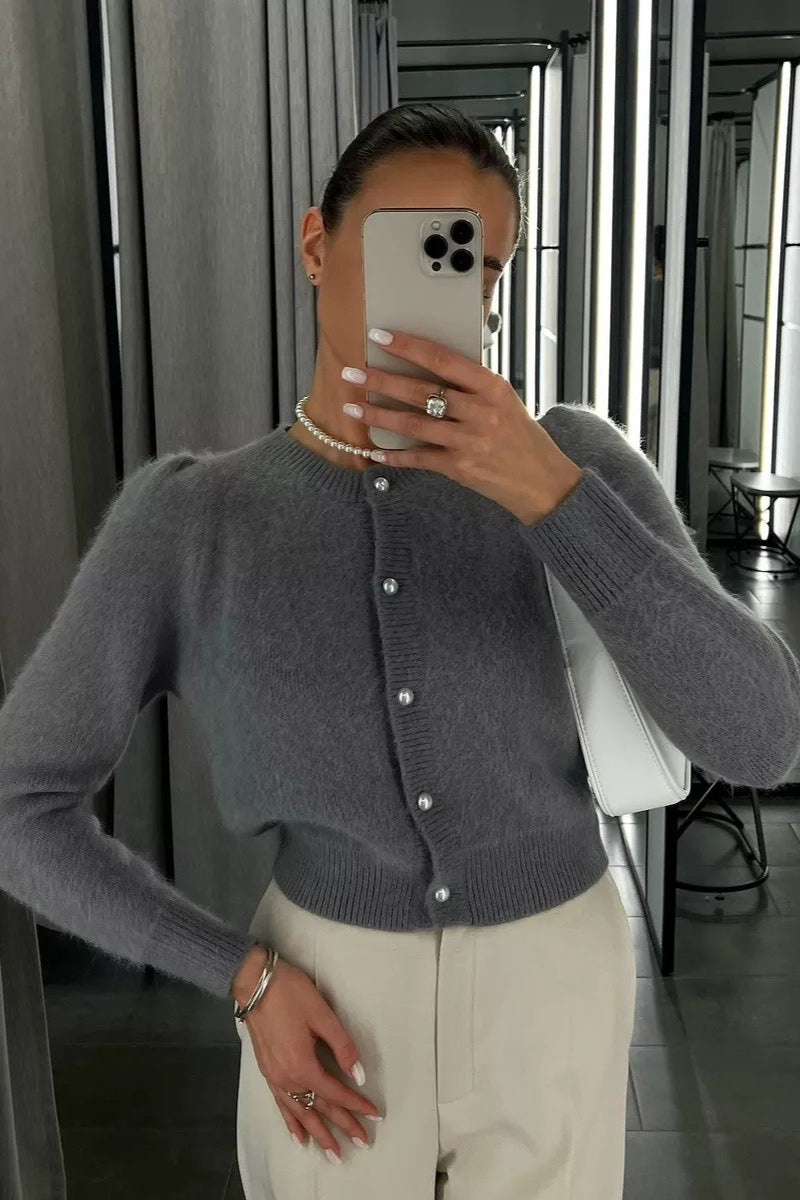 Minimalist Crew Neck Button Front Knit Cardigan