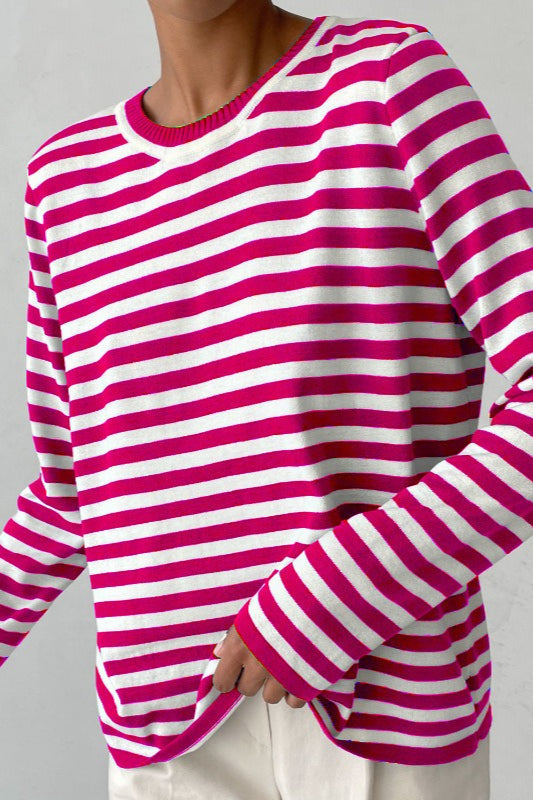 Casual Drop Shoulder Contrast Stripe Knit Sweater