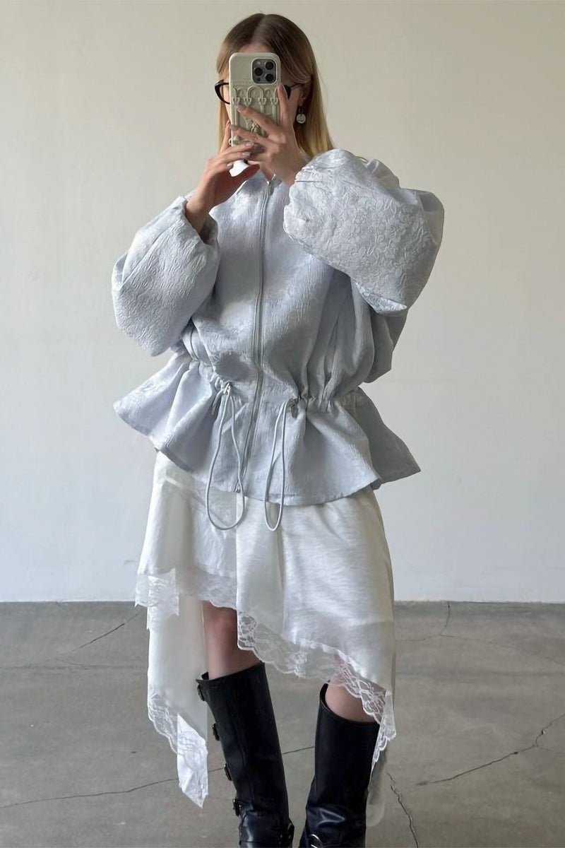 Jacquard Peplum Drawstring Zip Jacket