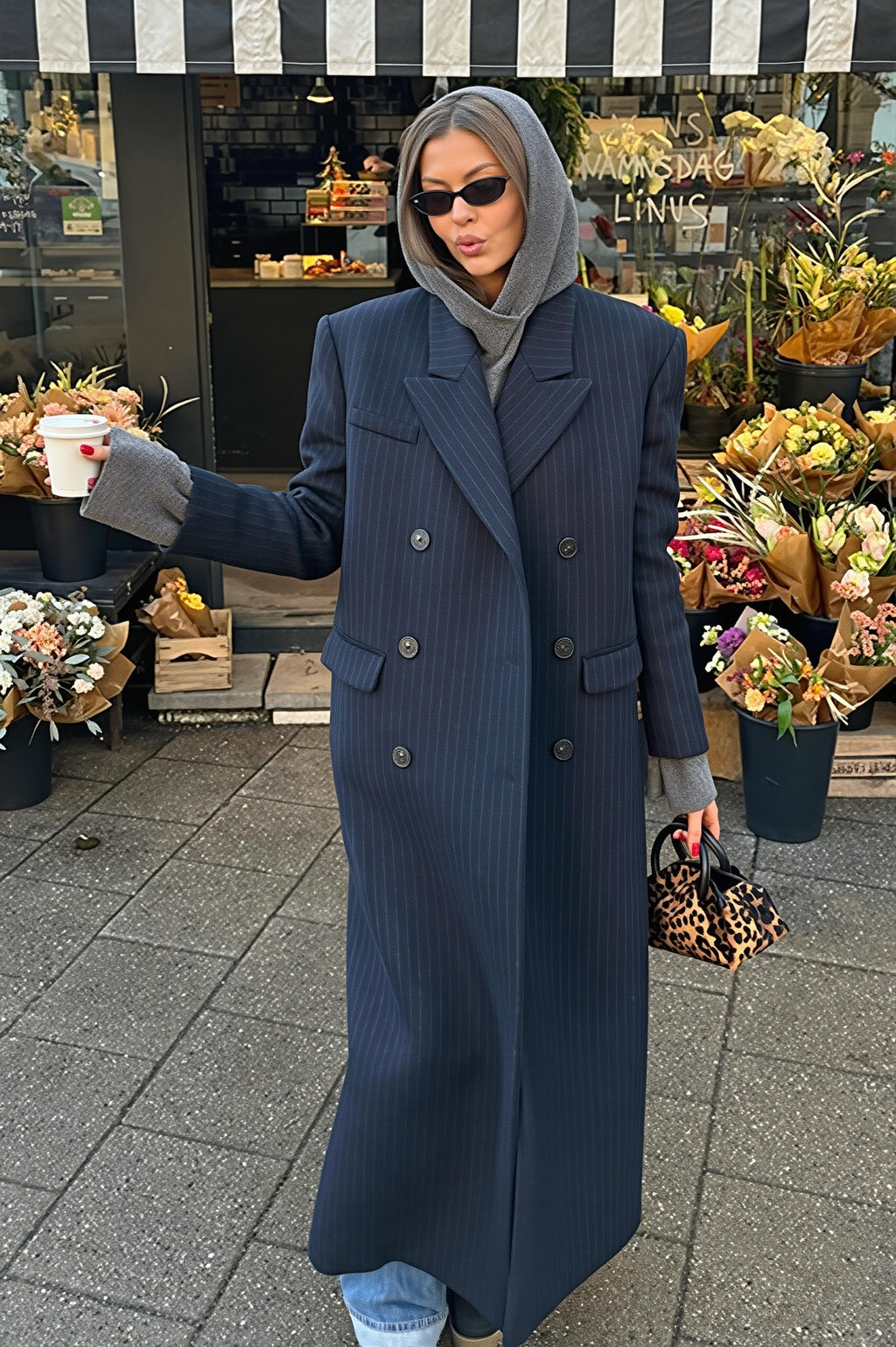 Pinstripe Double Breasted Maxi Blazer Coat