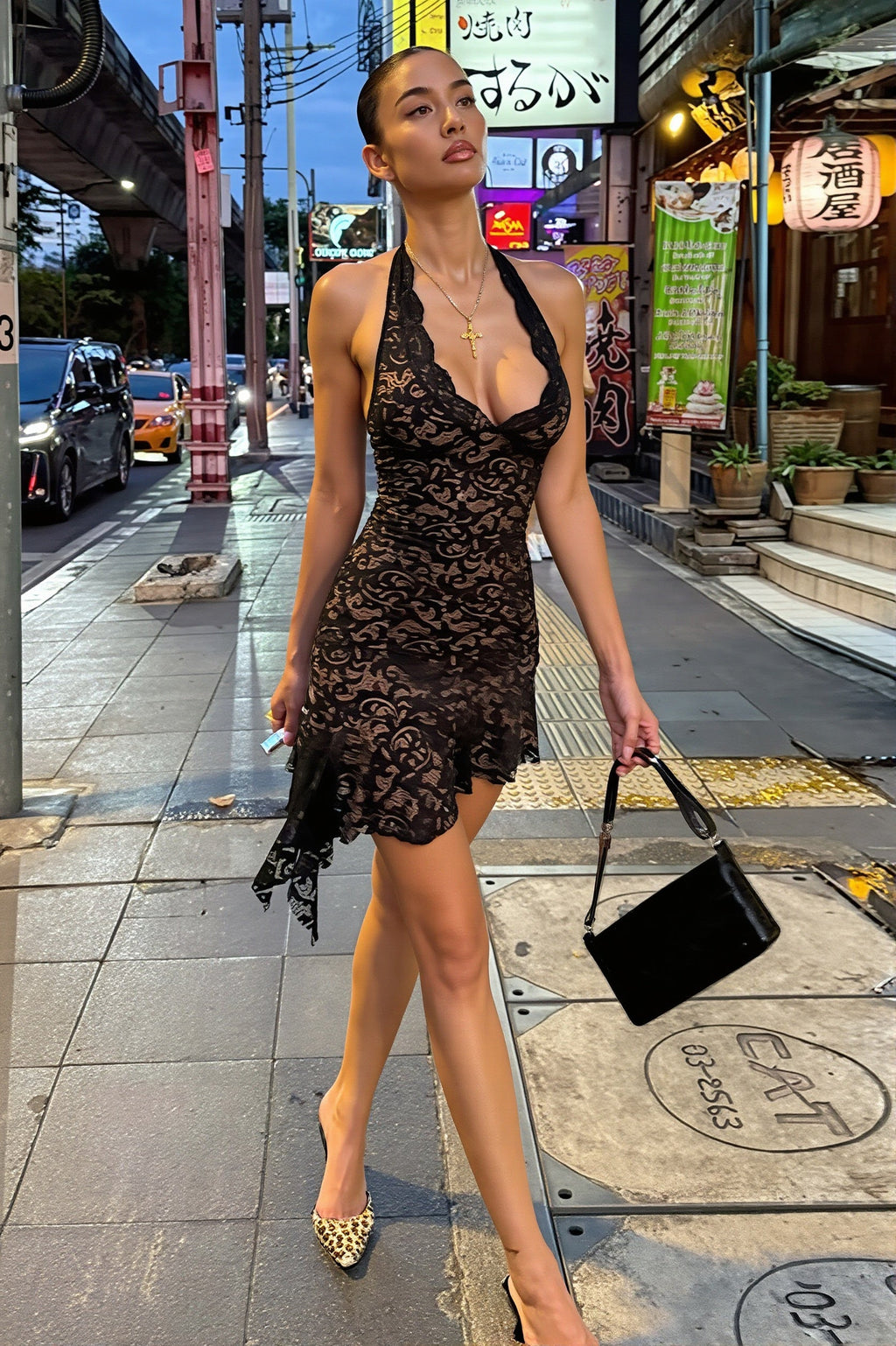 Sexy Lace Deep V Halter Open Back Ribbon Tie Mini Dress