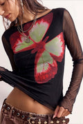 Butterfly Graphic Mesh Long Sleeve Tee