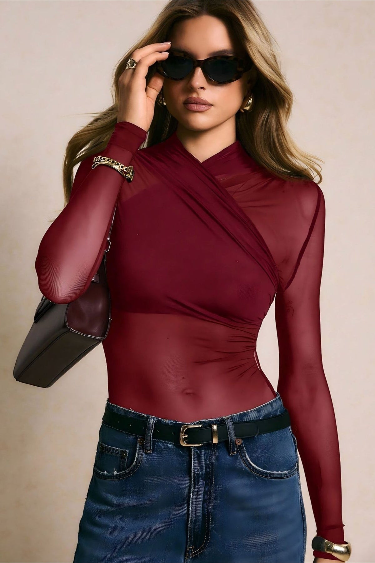 Cross Front Sheer Long Sleeve Bodysuit