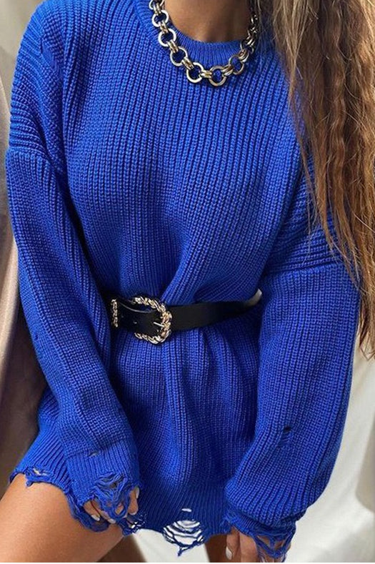 Distressed Longline Crew Neck Sweater
