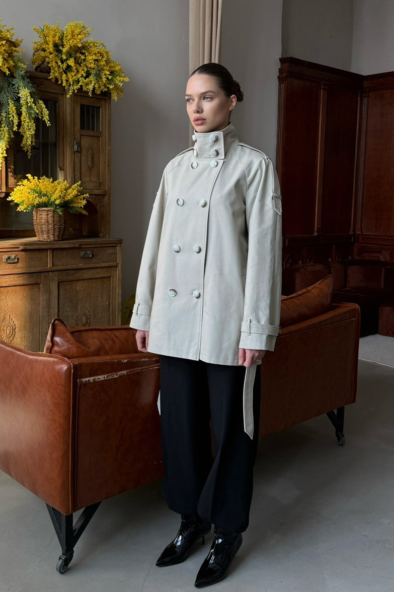 Stand Collar Belted Trench Jacket