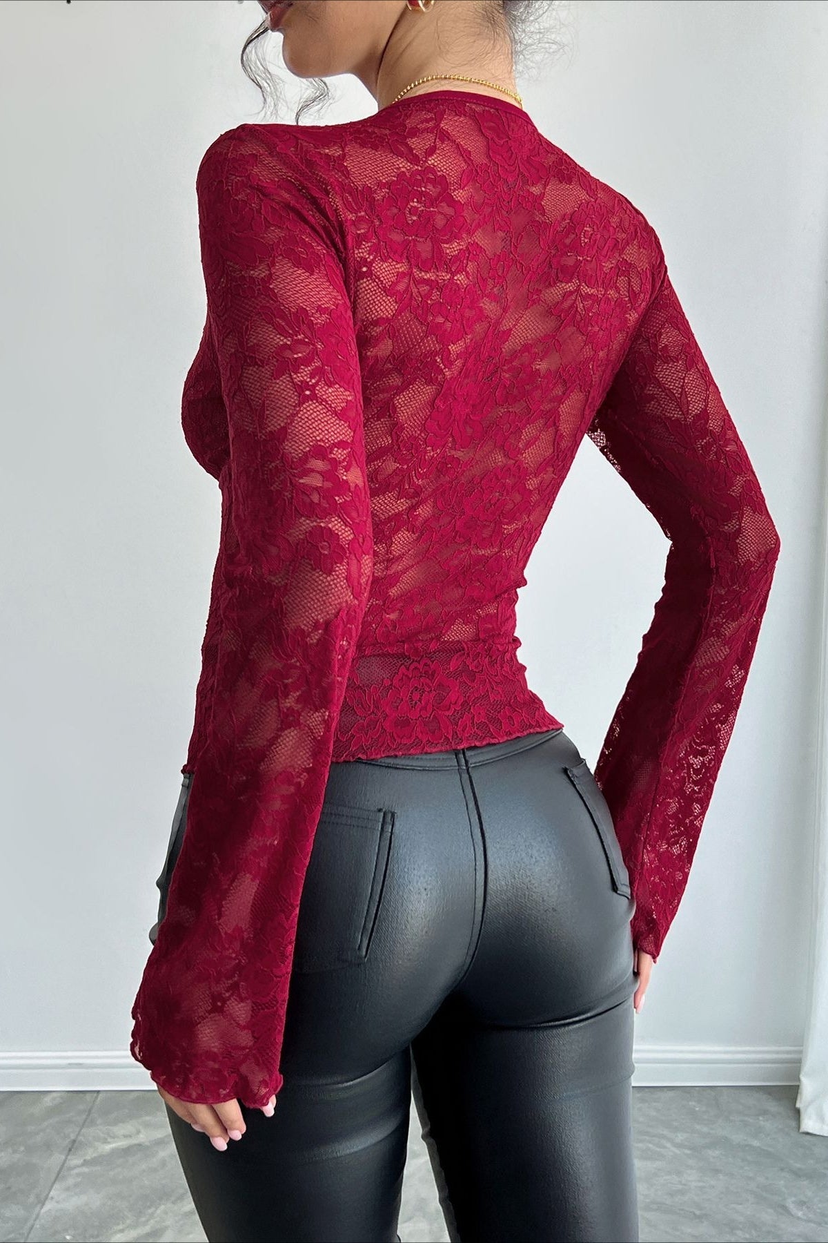 Deep V Floral Lace Bell Sleeve Blouse