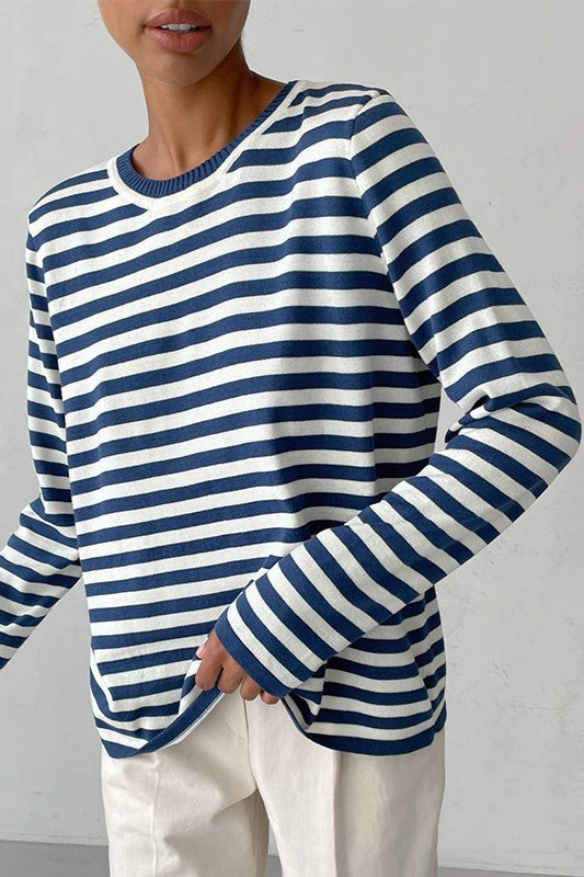 Casual Drop Shoulder Contrast Stripe Knit Sweater