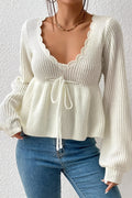 Scalloped V Neck Drawstring Peplum Sweater